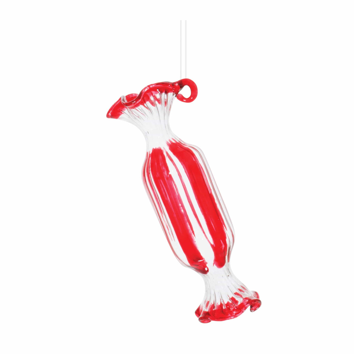 Red and clear glass candy-shaped Christmas ornament with swirl stripes and ruffled ends