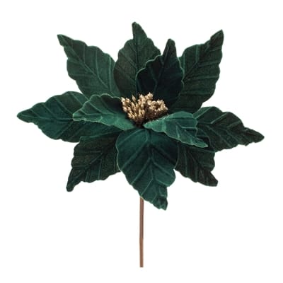 Dark green velvet poinsettia artificial stem with gold center accents, 21 inches