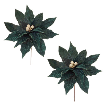 Two artificial dark green poinsettia flowers with gold glitter center berries on wire stems