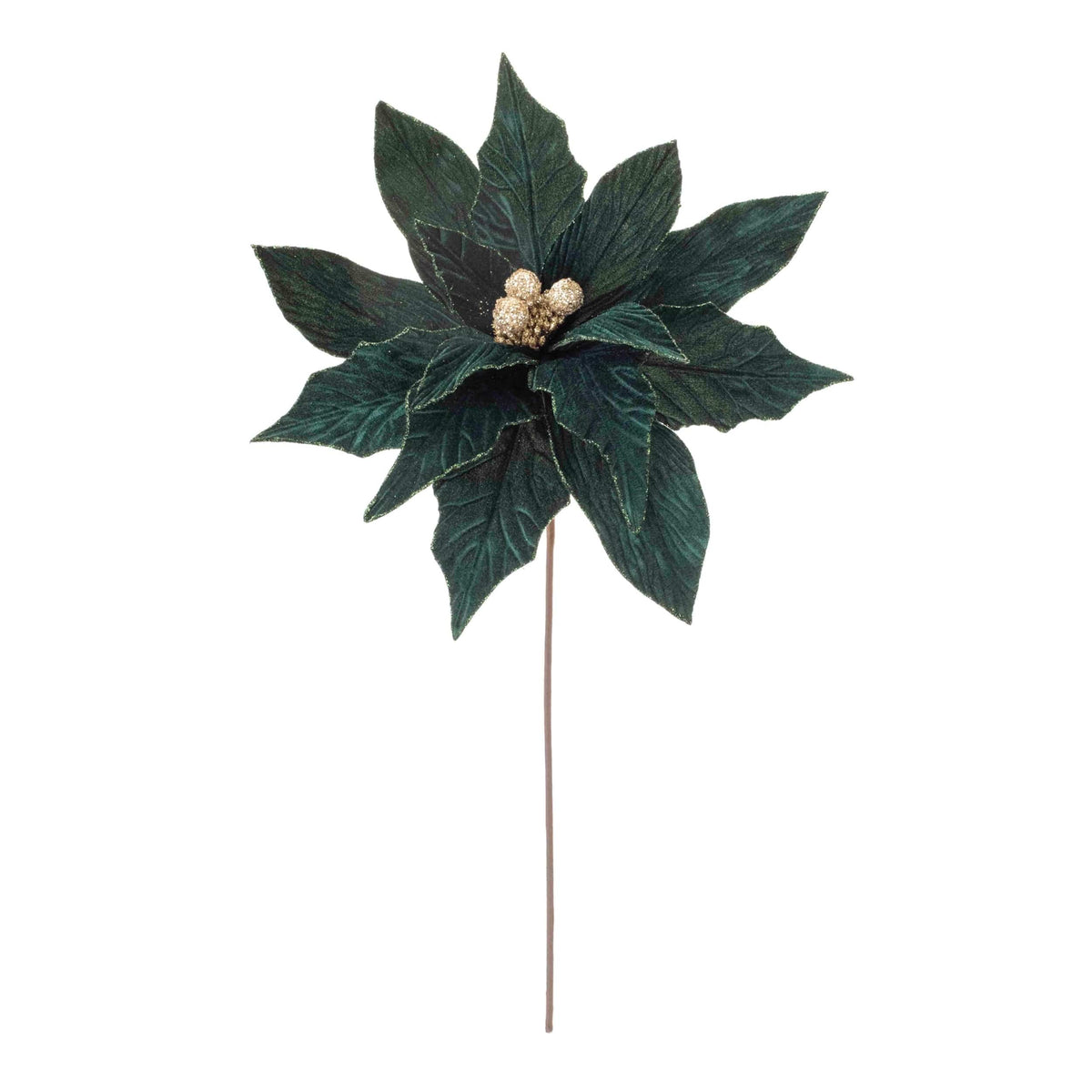 Artificial dark green poinsettia stem with gold glitter center berries and veined velvet petals
