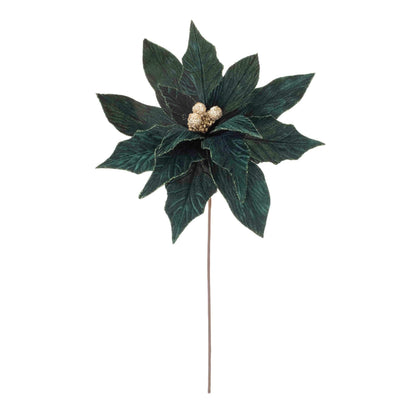 Artificial dark green poinsettia stem with gold glitter center berries and veined velvet petals