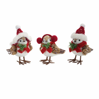 Set of three festive bird figurines wearing Santa hats, scarves, and earmuffs with pinecone wings