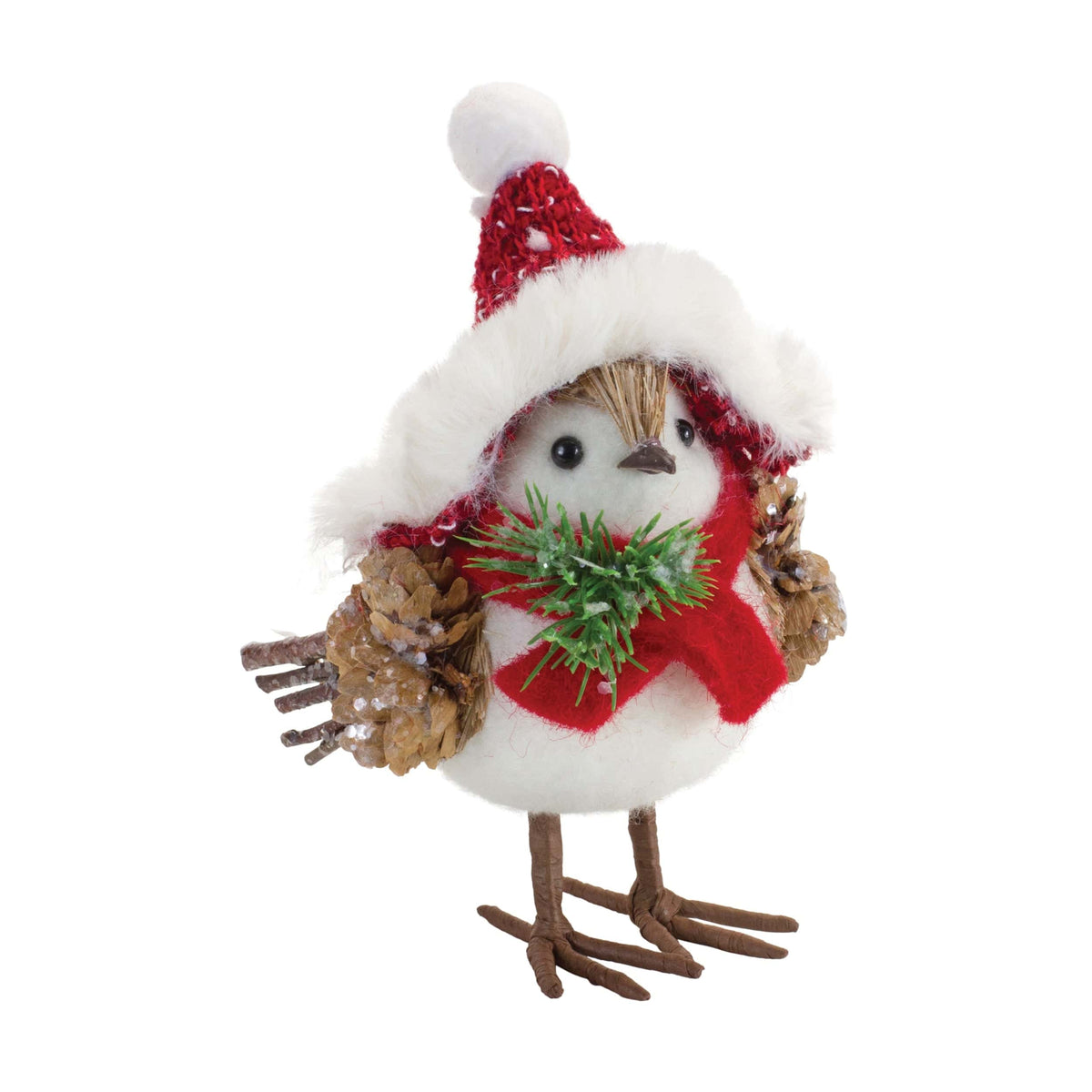 Plump white bird figurine wearing red Santa hat and scarf, holding pine cones and greenery