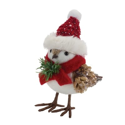 Melrose white plush bird figurine wearing red Santa hat and scarf holding pinecone