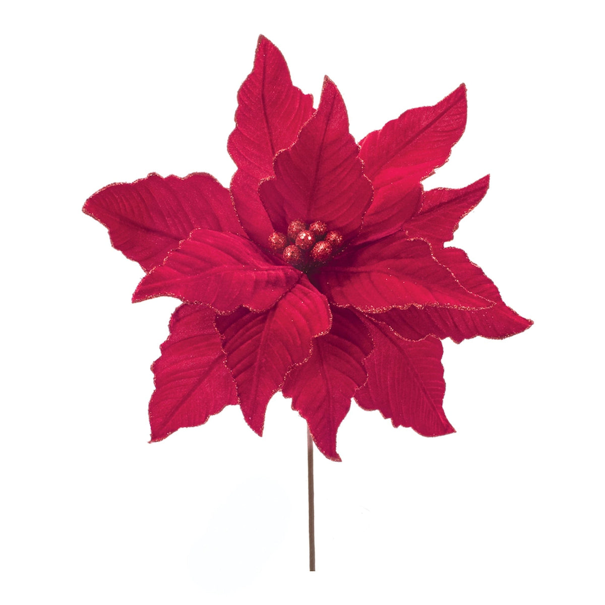 Artificial red velvet poinsettia flower stem with glitter edges and berry center