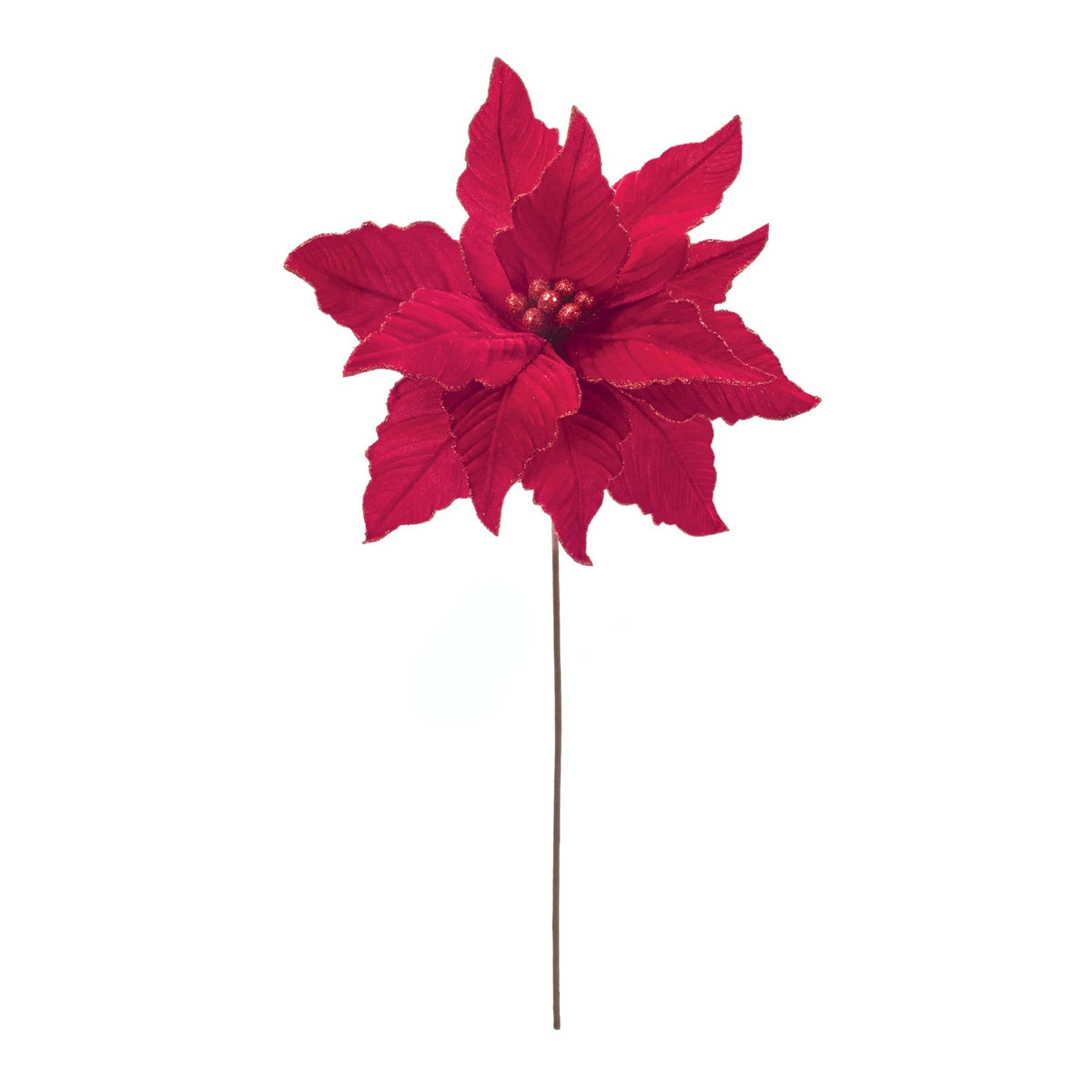 Artificial red poinsettia flower with glitter-edged bracts on a single stem, front view