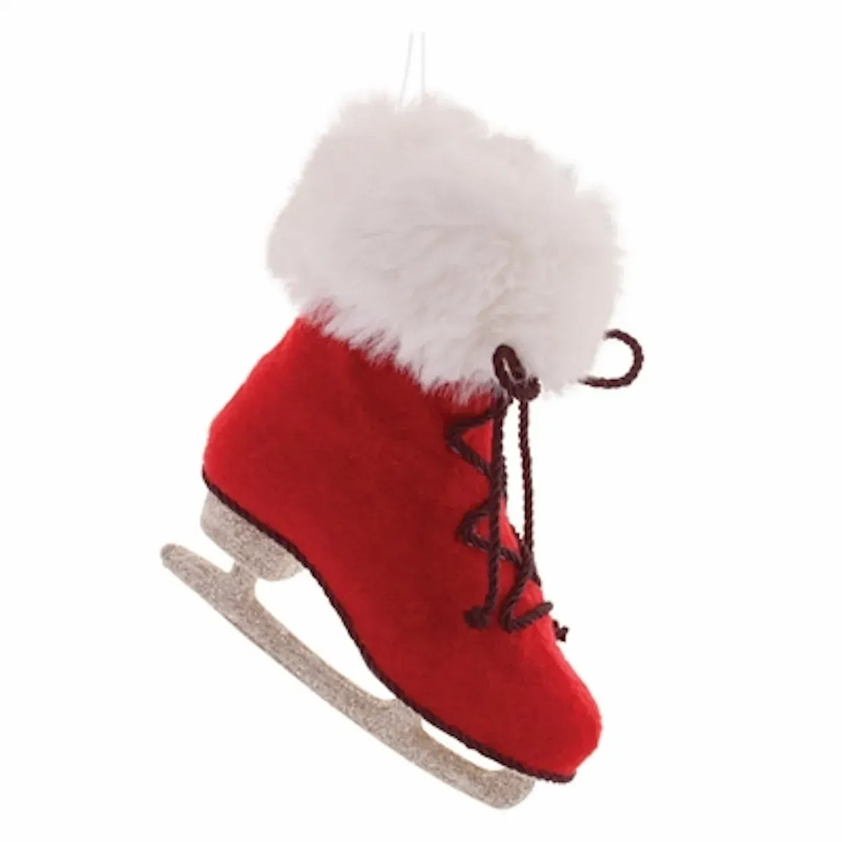 Red felt ice skate ornament with white faux fur cuff, dark laces, and glittery silver blade