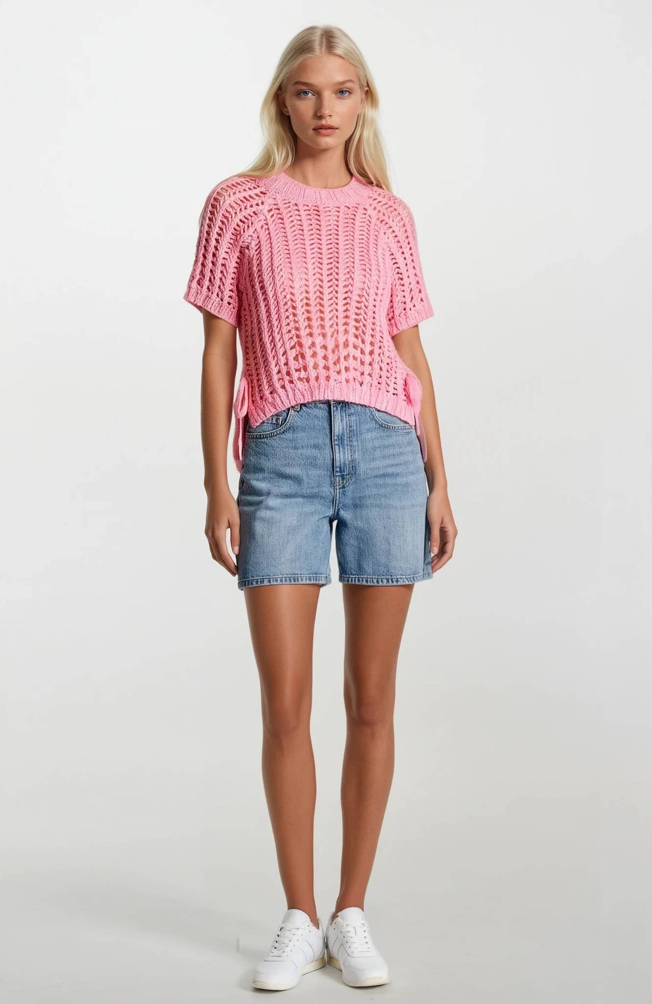 Pink chunky crochet knit short-sleeve sweater top with side tie details