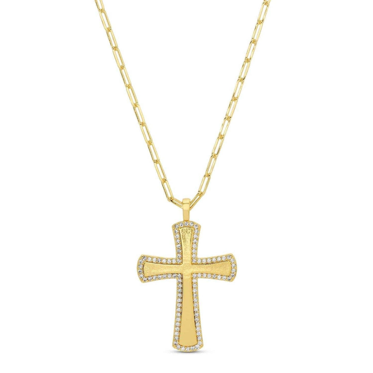 Large Pave Accented Cross On Paperclip Chain