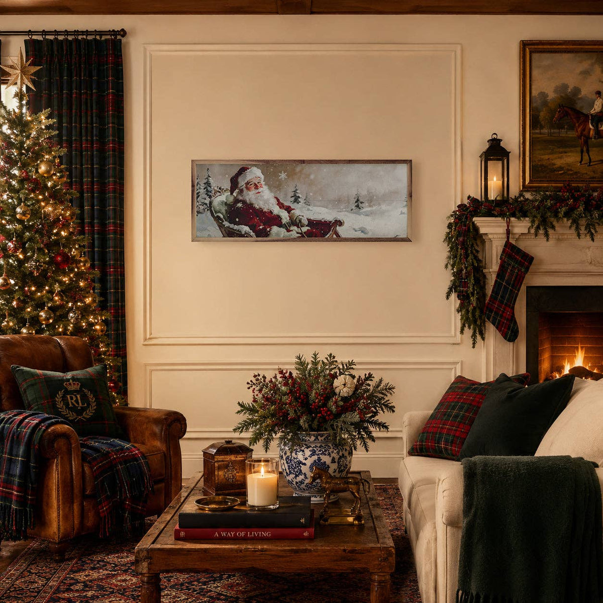 Framed Santa sleigh ride canvas art displayed in a cozy Christmas living room
