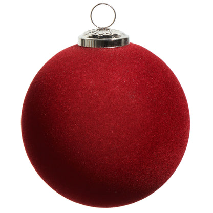 Round flocked ball Christmas ornament in deep red velvet texture with silver metallic cap and loop