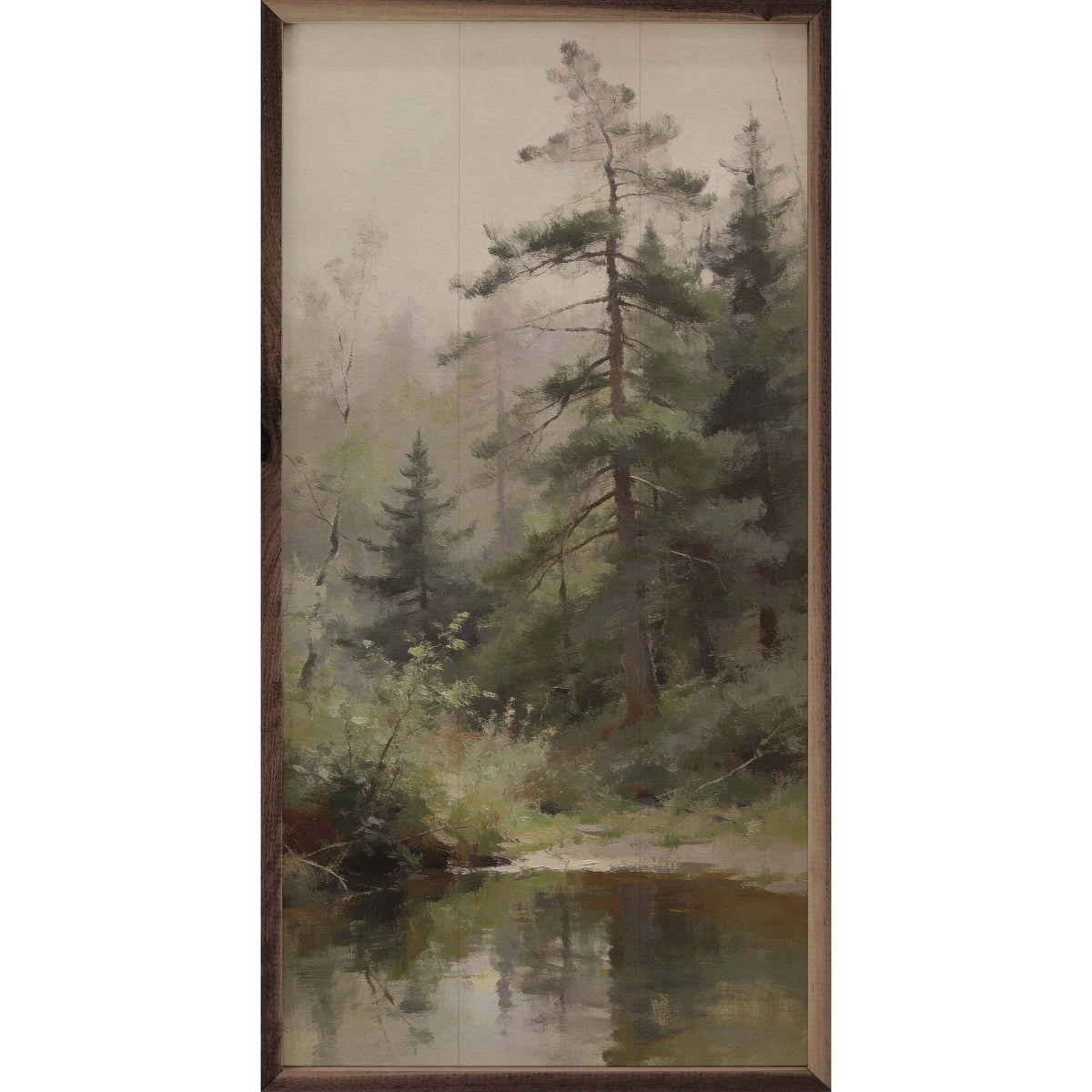 Framed oil painting of misty pine forest with reflective pond in walnut frame