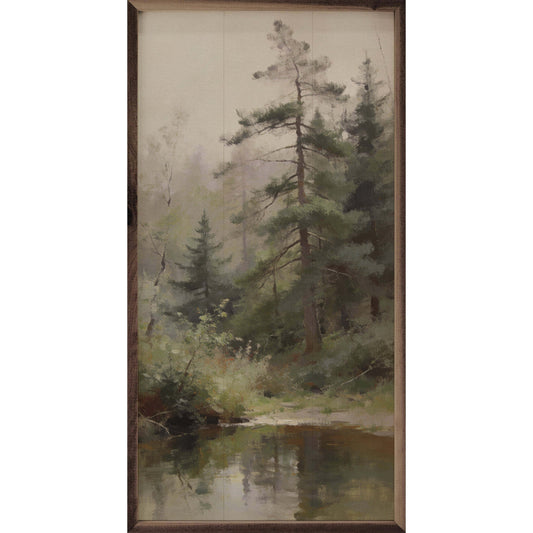 Framed oil painting of misty pine forest with reflective pond in walnut frame