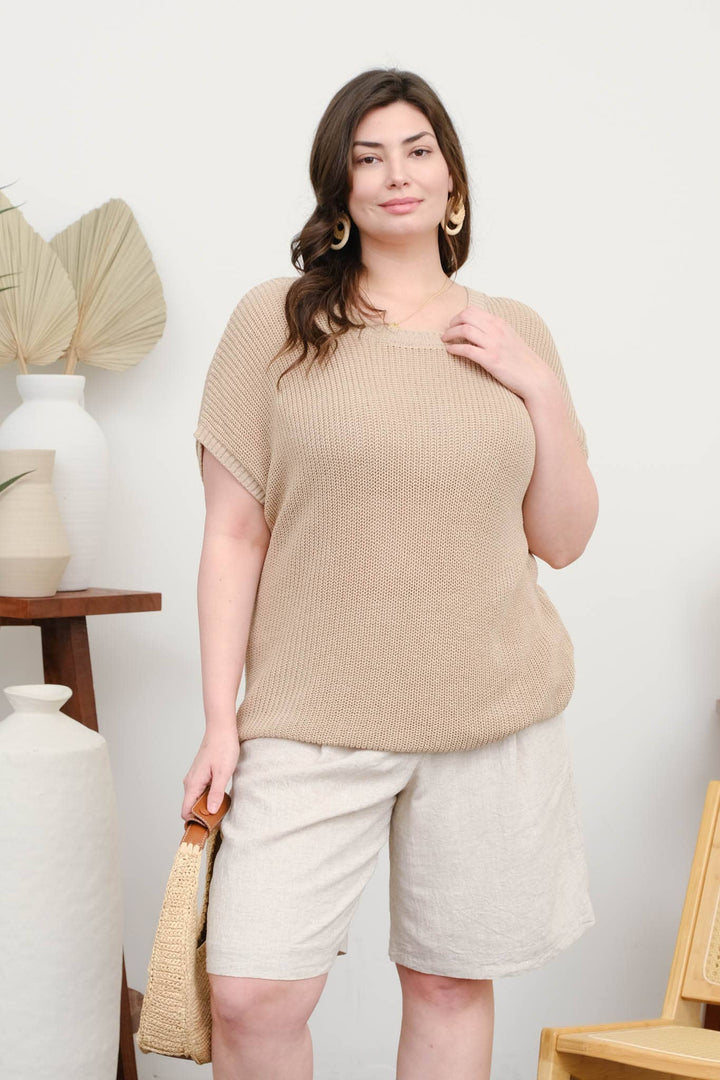 PLUS CREW NECK SHORT SLEEVE CROCHET KNIT PULLOVER