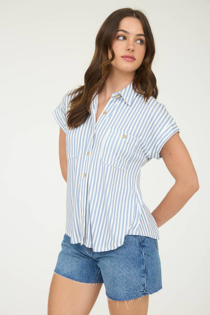 Blu Pepper blue white stripe collared short sleeve button down shirt with chest pockets