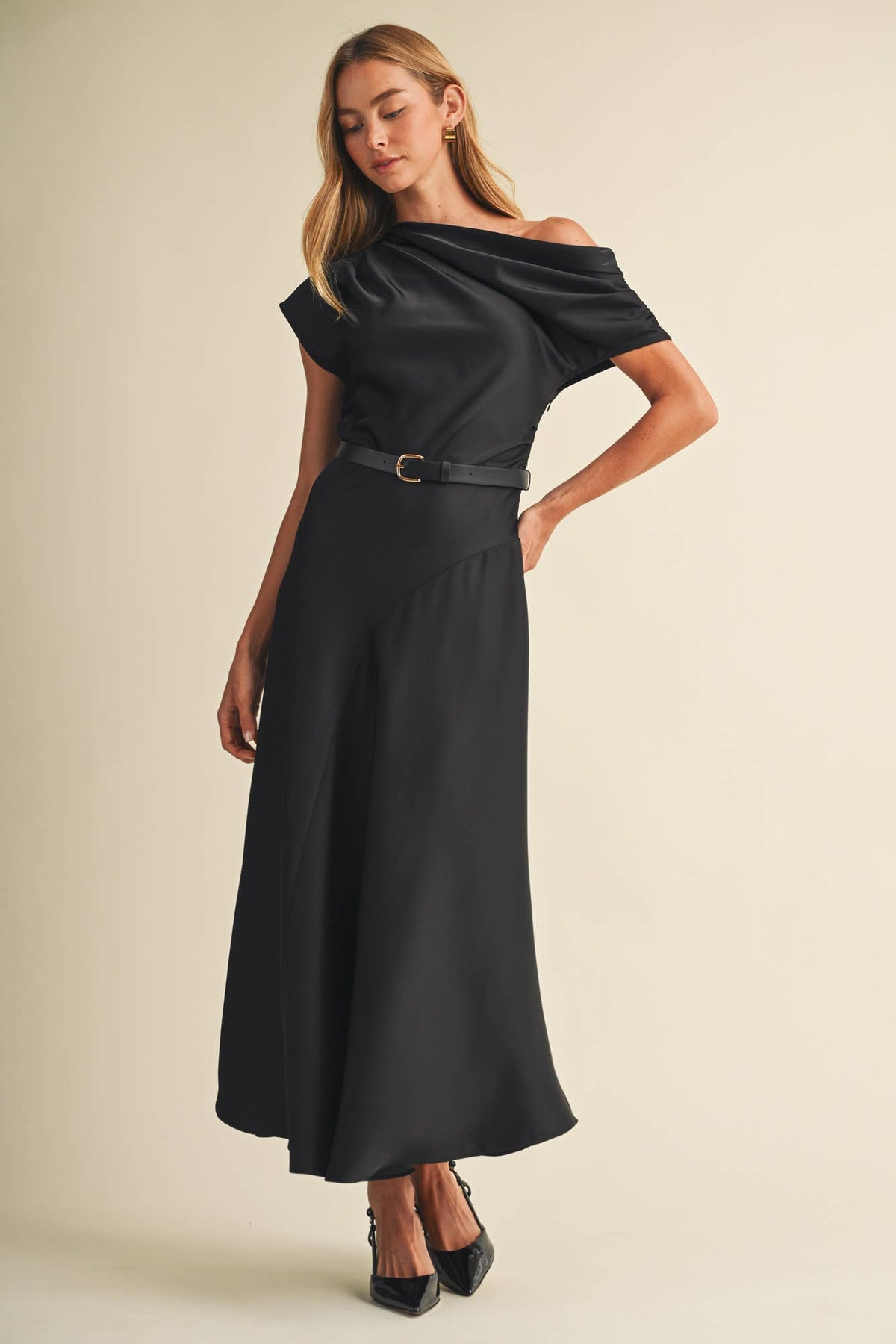 Asymmetric Cowl Neck Bias-Cut Dress