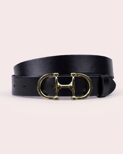 Black leather belt coiled with shiny gold H-shaped horsebit buckle