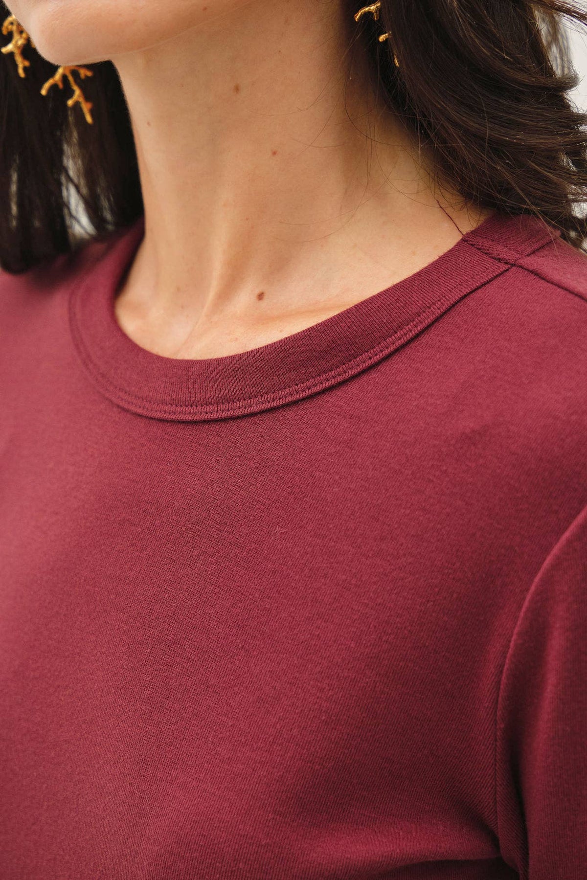 Be Cool burgundy round neck long sleeve knit top with ribbed collar detail