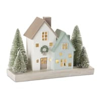 Melrose LED resin Christmas village house with bottle brush trees, white and blue