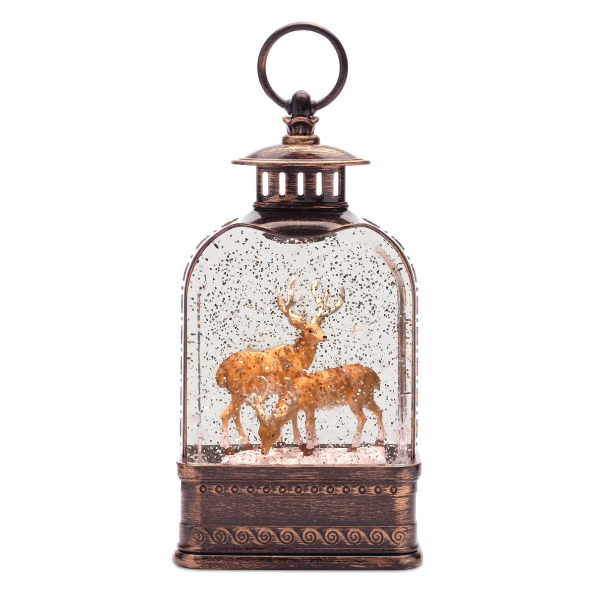Lantern-shaped snow globe with two deer figurines, bronze finish, glitter swirling inside