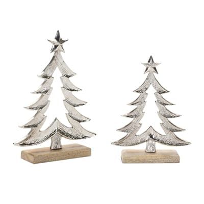 Set of two silver aluminum Christmas trees with star toppers on wood bases