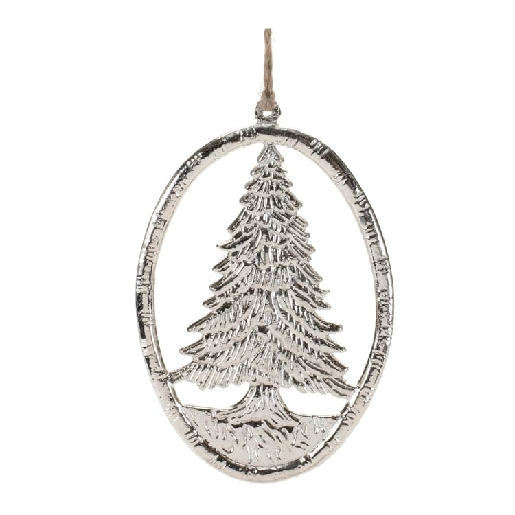 Silver aluminum oval ornament with detailed Christmas tree relief, hung by jute twine