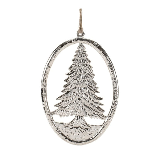 Silver aluminum oval ornament with detailed Christmas tree relief, hung by jute twine