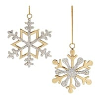 Two gold and silver glitter snowflake Christmas ornaments with hanging strings
