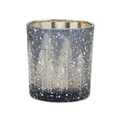 Dark blue glass votive holder with silver winter forest and snow scene, 3 inches tall