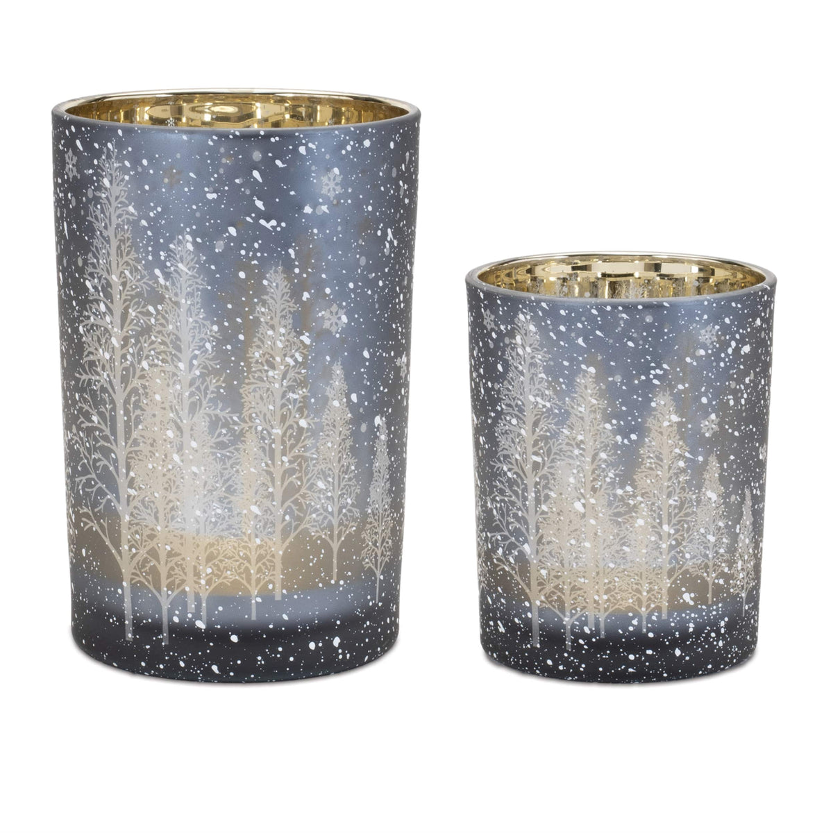 Melrose gray glass candle holders with gold interior and winter tree snow design, set of 2