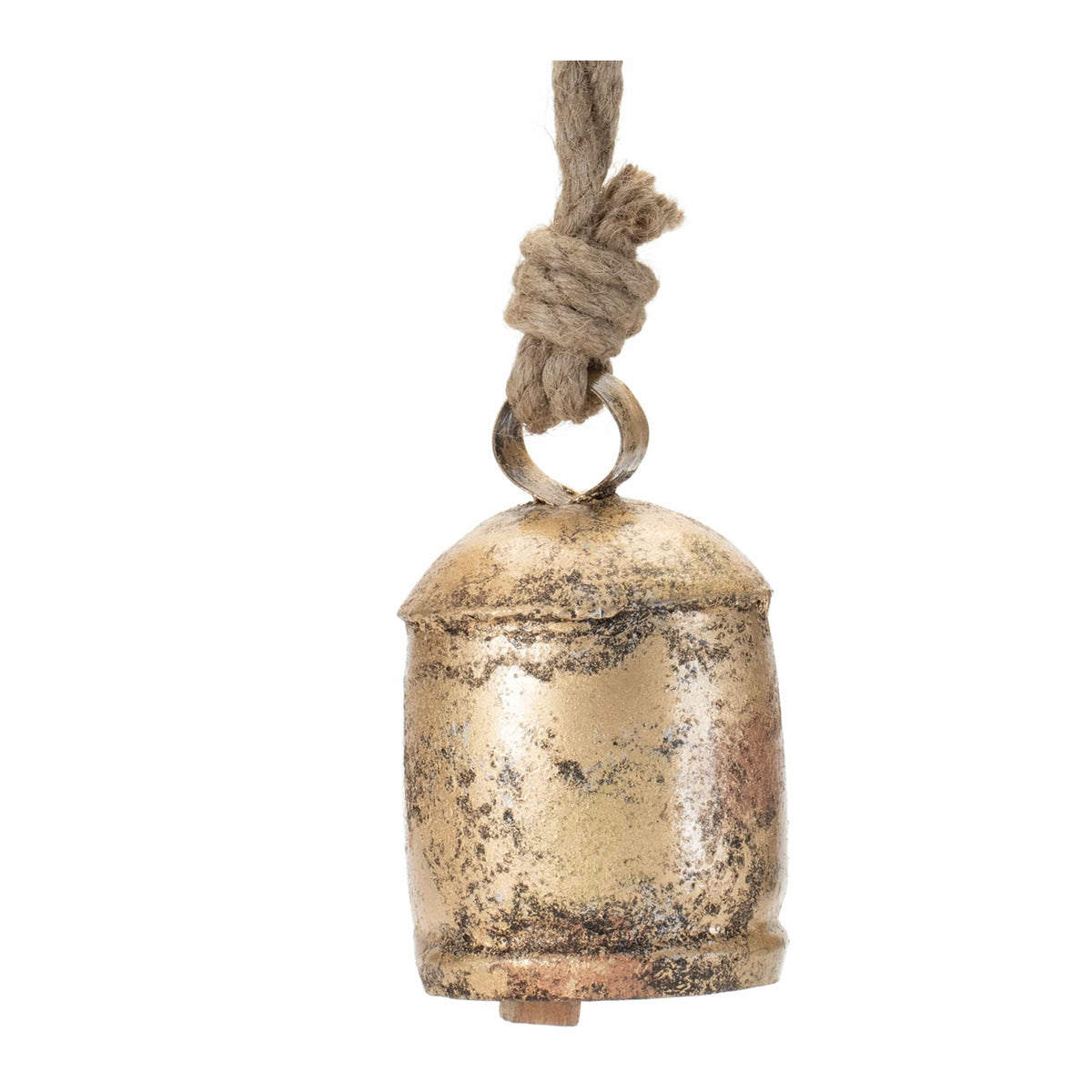 Rustic distressed gold metal bell hanging from a knotted jute rope, front view