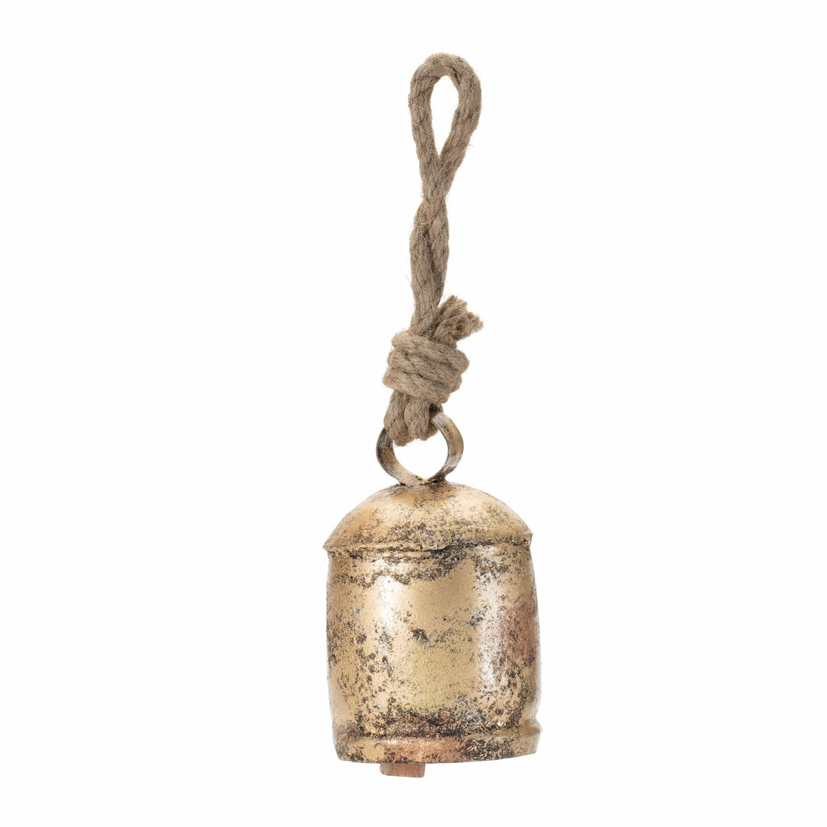 Rustic distressed gold metal bell with twisted jute rope hanger, front view