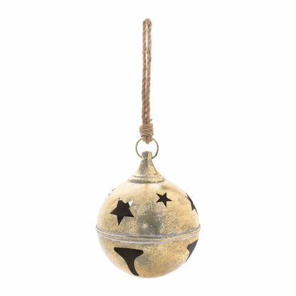Distressed gold metal jingle bell ornament with star cutouts, hanging from twine cord