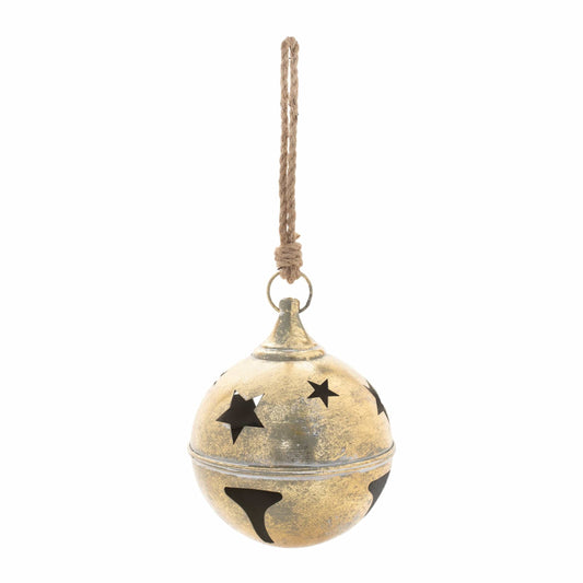 Distressed gold metal jingle bell ornament with star cutouts, hanging from twine cord