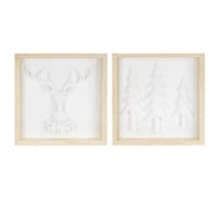 Melrose white and natural wood framed holiday wall art with deer and pine trees