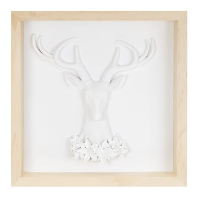 White 3D deer head wall art in natural wood shadow box frame with floral accent