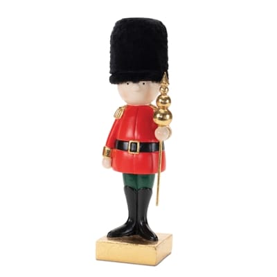 Melrose decorative toy soldier figurine in red coat, black bearskin hat, gold staff