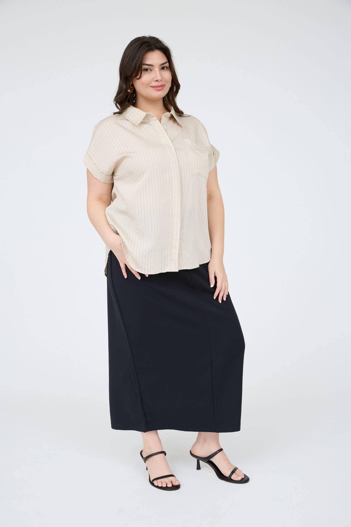 PLUS PINSTRIPE SHORT SLEEVE COLLARED SHIRT