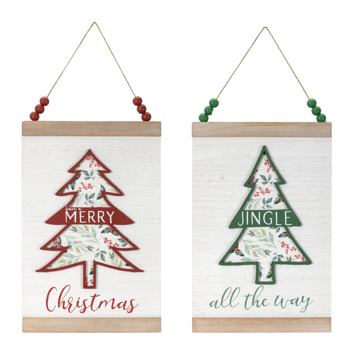 Two hanging wooden Christmas tree signs with holly print, reading 'Merry Christmas' and 'Jingle all the way'