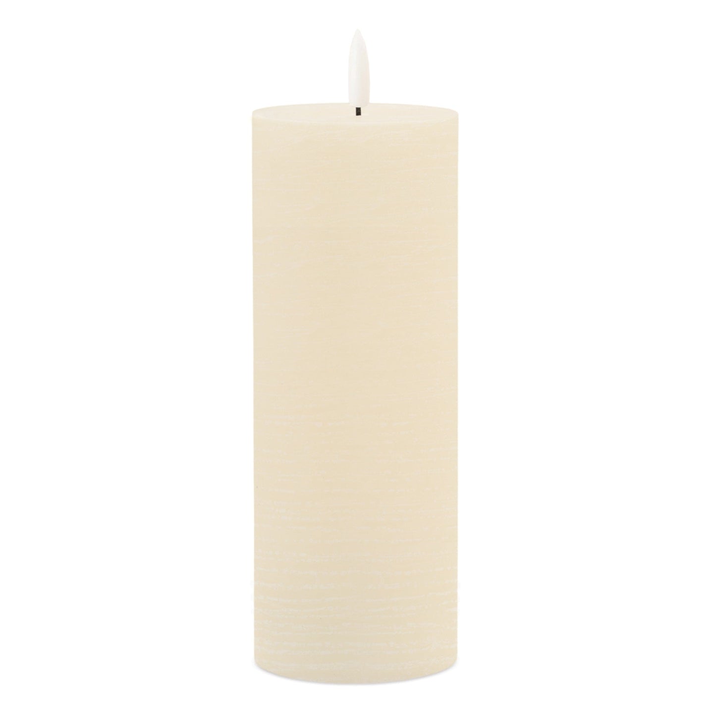 Tall ivory pillar flameless LED candle with realistic flickering wick, front view