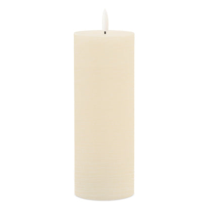 Tall ivory pillar flameless LED candle with realistic flickering wick, front view