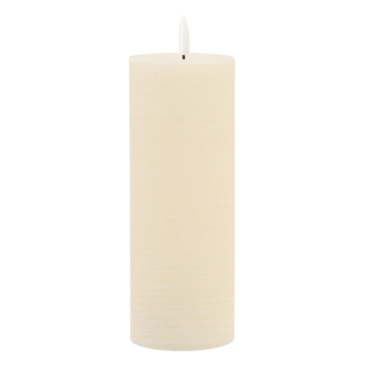 Tall ivory pillar flameless LED candle with realistic flickering wick, front view