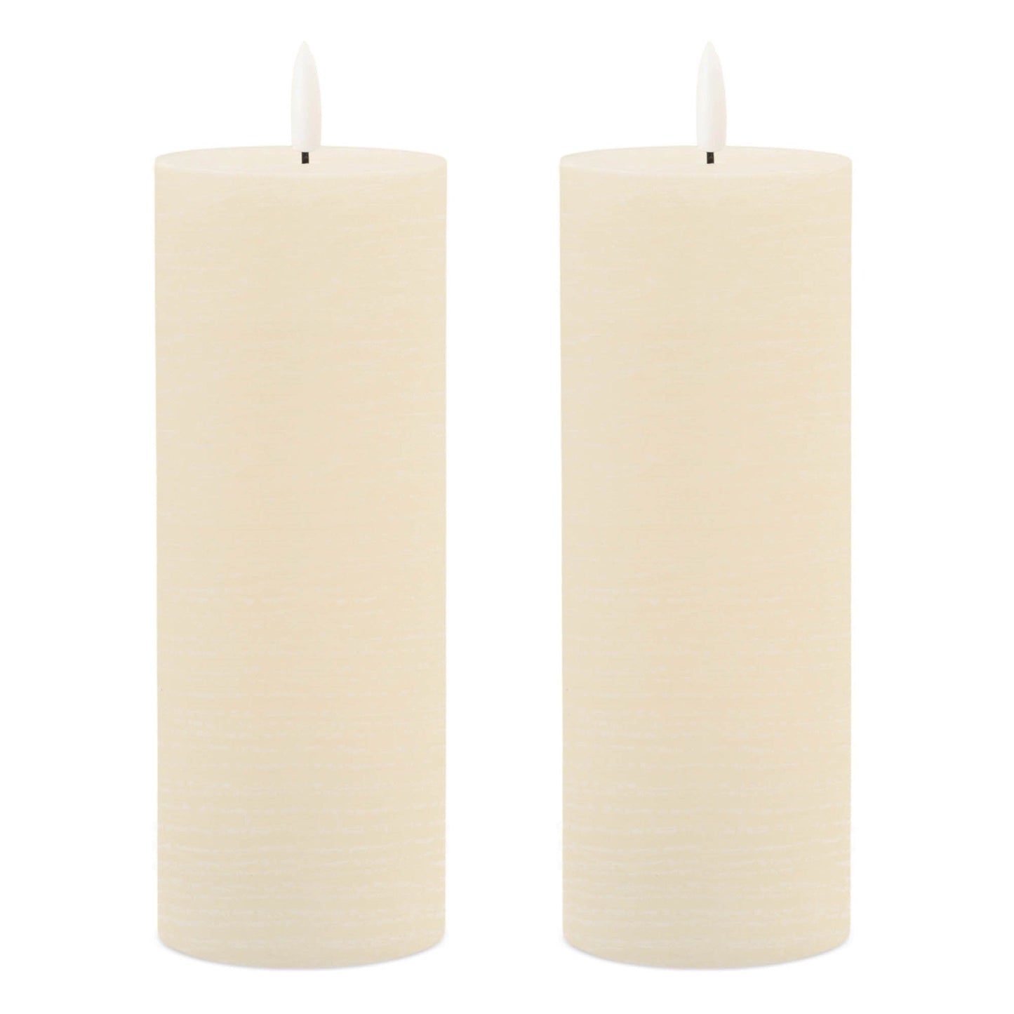Set of two ivory pillar flameless candles with LED wicks on white background