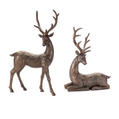 Bronze resin deer figurines set of two, standing and resting poses with antlers