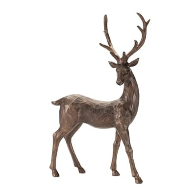 Bronze resin standing deer figurine with antlers, 18-inch decorative stag sculpture
