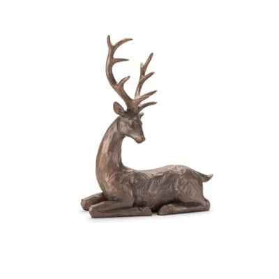 Bronze resin sitting deer figurine with antlers, 13.5 inch decorative stag sculpture