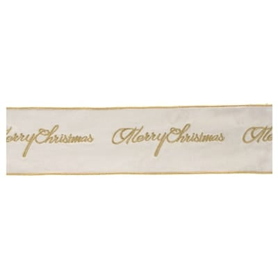 Ivory wired polyester ribbon with gold Merry Christmas script text, 4-inch width