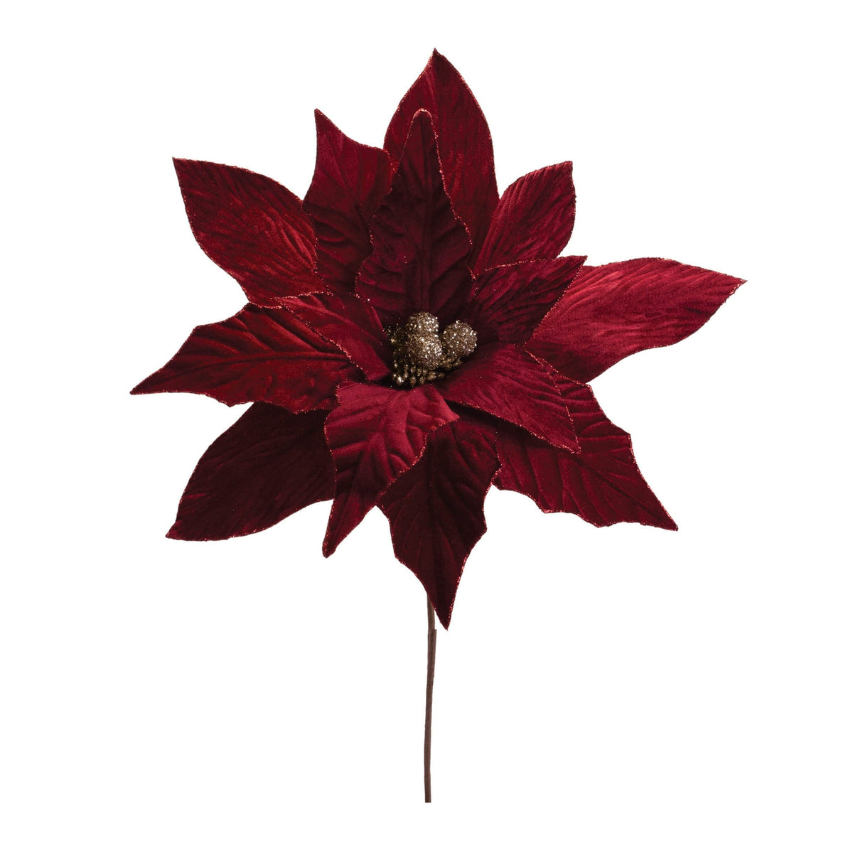 Velvet poinsettia stem with layered deep red petals and gold glittered center berries