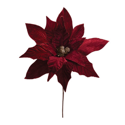 Velvet poinsettia stem with layered deep red petals and gold glittered center berries