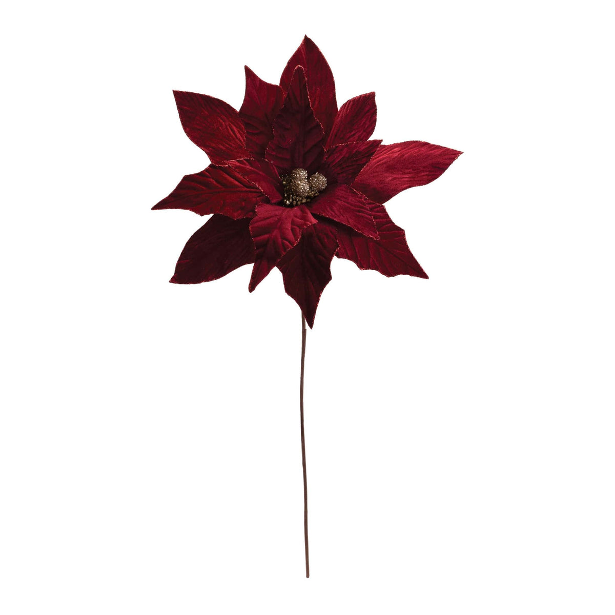 Artificial velvet poinsettia flower stem with gold center berries on a single stem